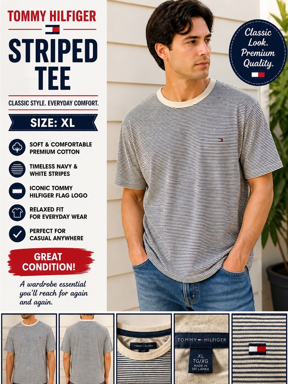 Tommy Hilfiger Men's Navy and White Striped Tee XL